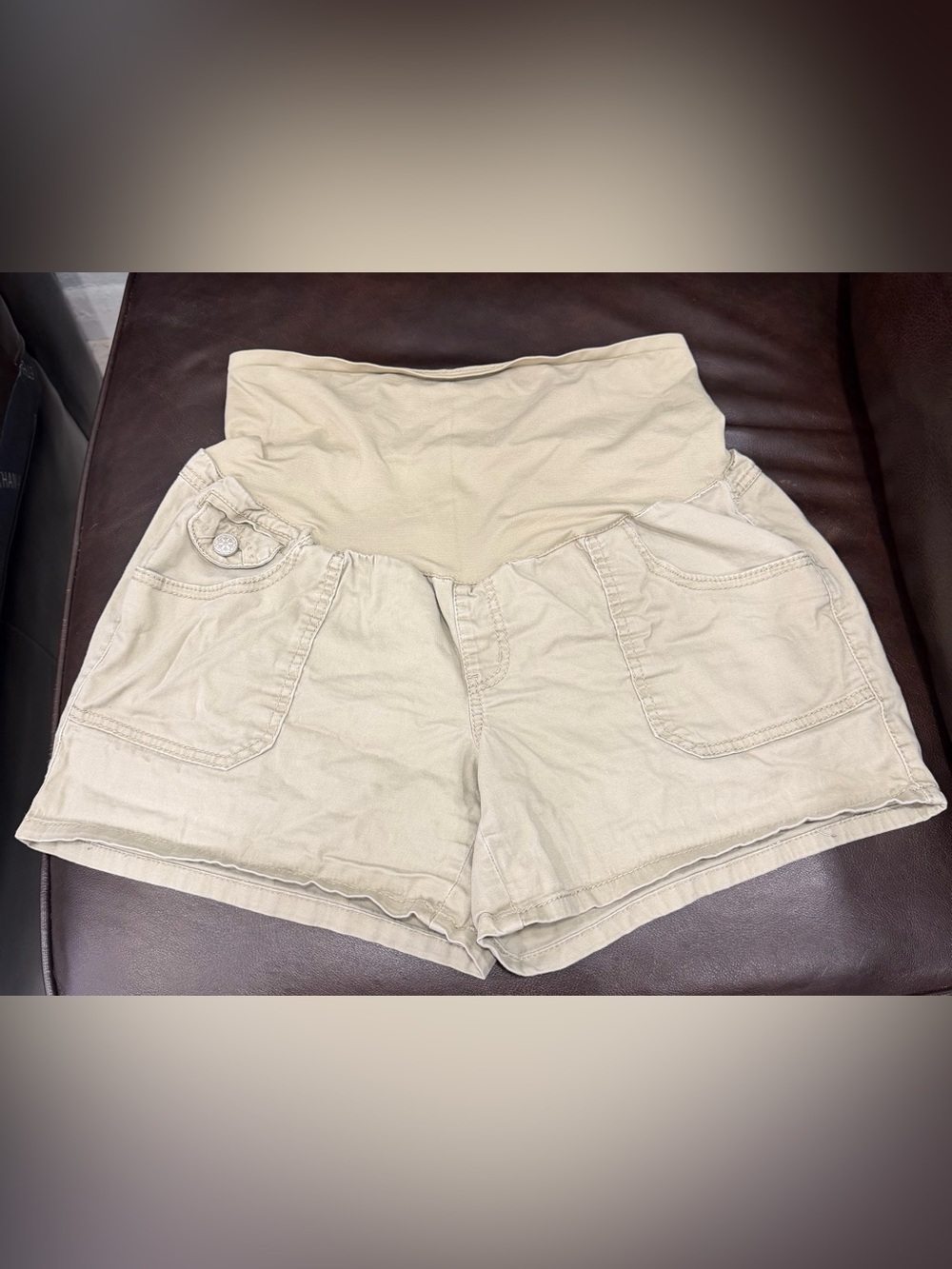 Beige Maternity Shorts with Fold-Over Waistband